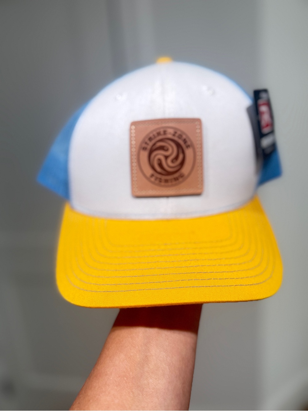 White, Yellow & Light Blue Trucker Hat with Leather Patch